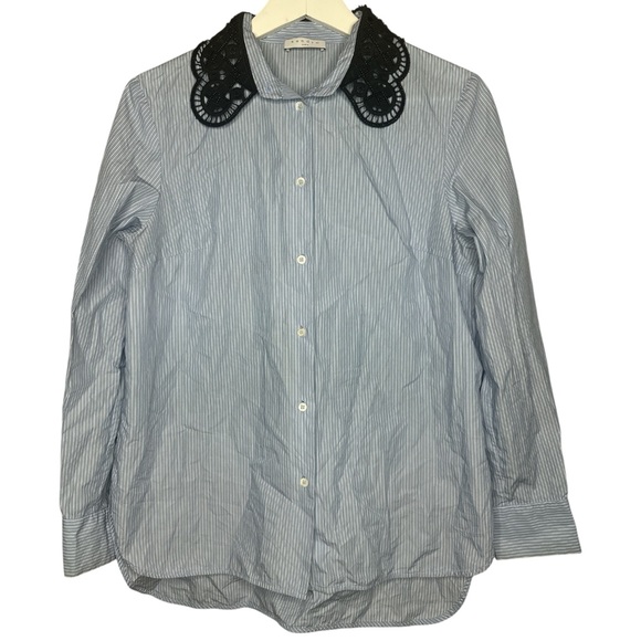 Sandro Sky Blue Striped Shirt with contrasting Black Lace Peter Pan Collar Sz 2 - Picture 1 of 15